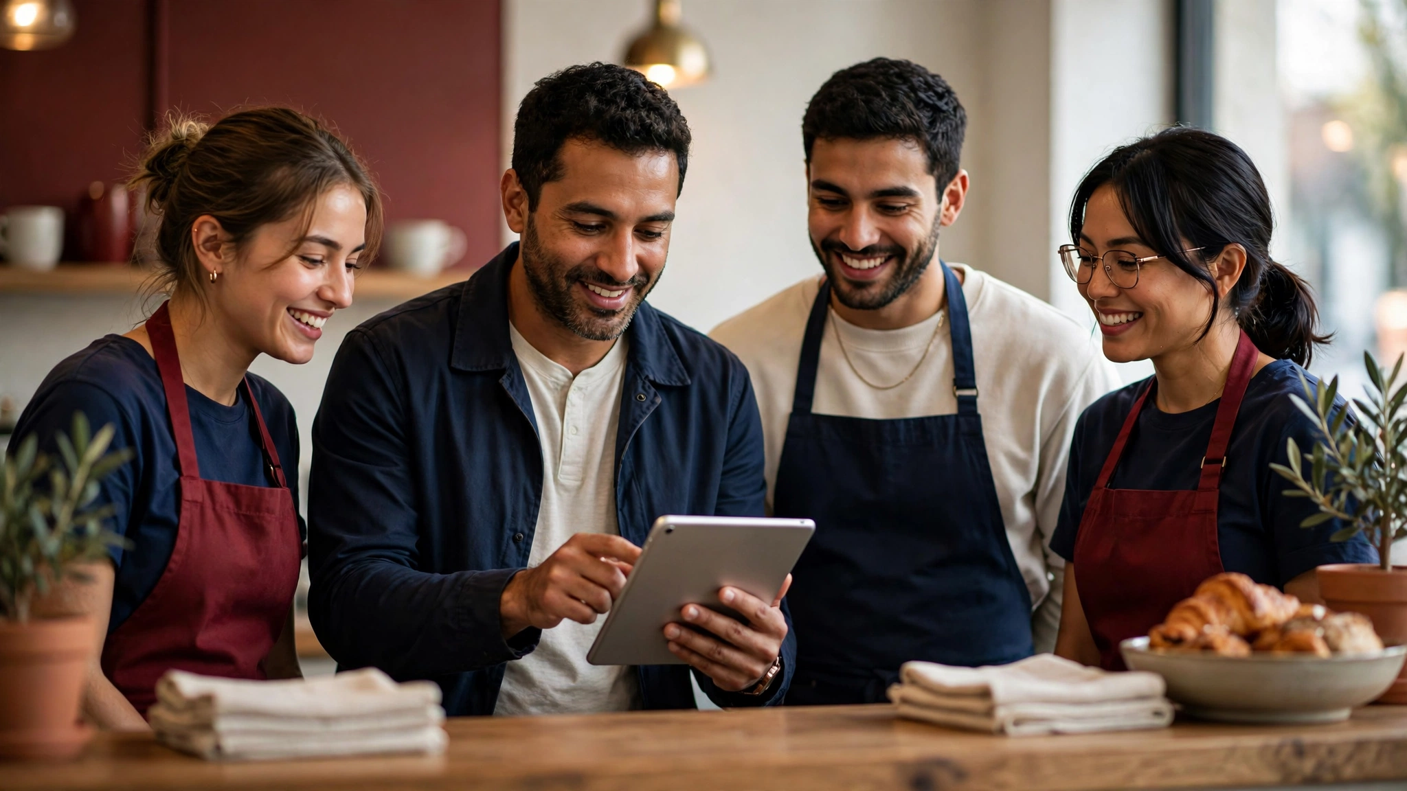 Cafe owner showing a tablet to smiling staff for a Payday Super employer guide