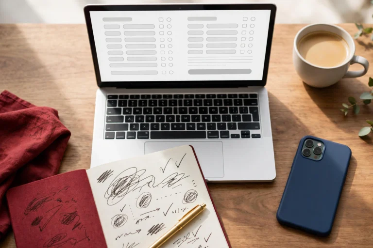 Top-down view of a laptop showing an online form with coffee, phone and notebook
