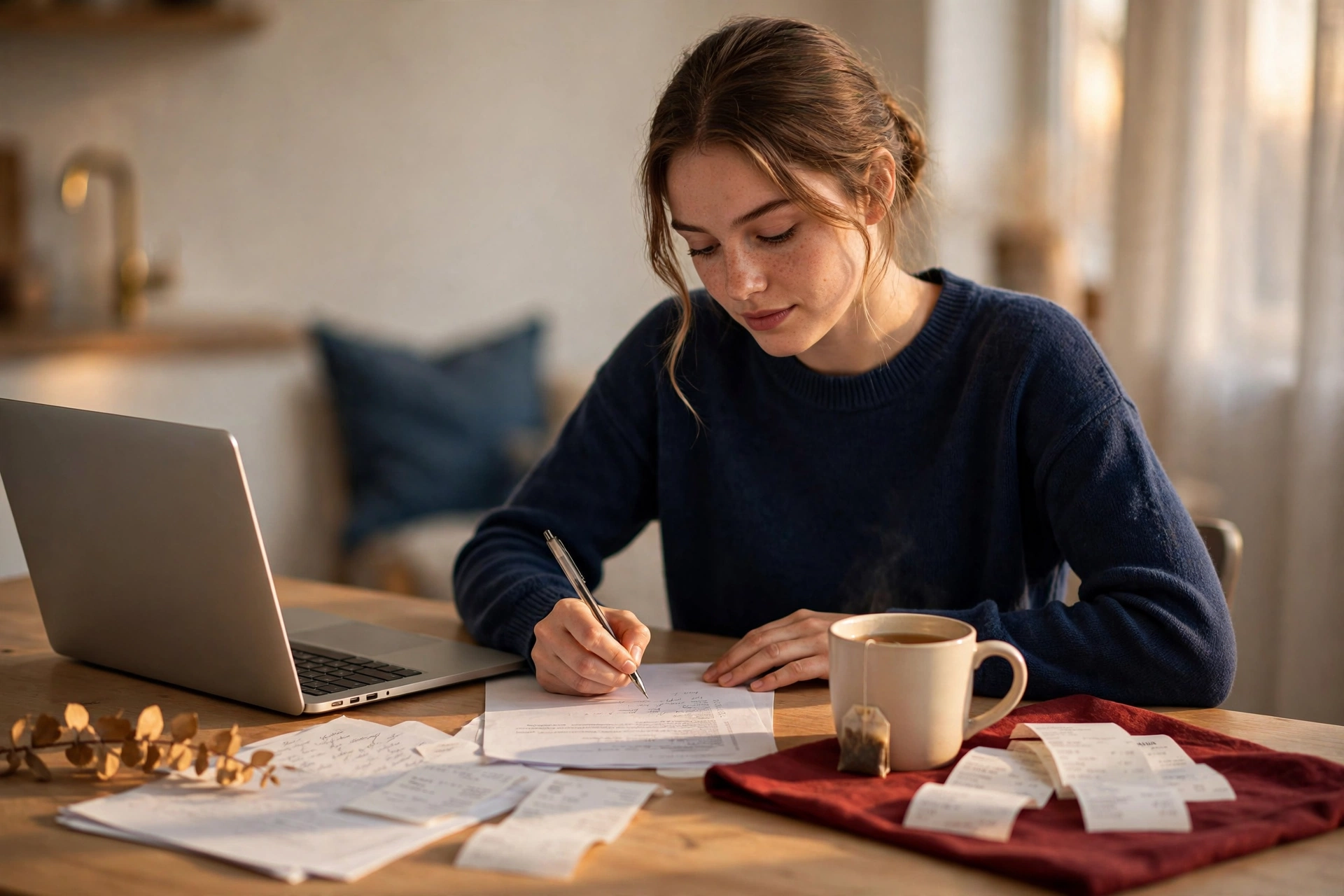 Young woman doing tax paperwork on a laptop at a kitchen table with receipts