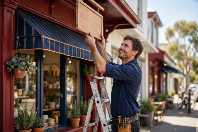 Small business owner hanging a new shop sign above a shopfront on a sunny street