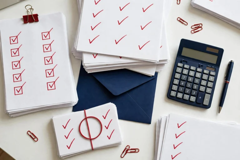 Checklist of tax return documents with red checkmarks, calculator and pen