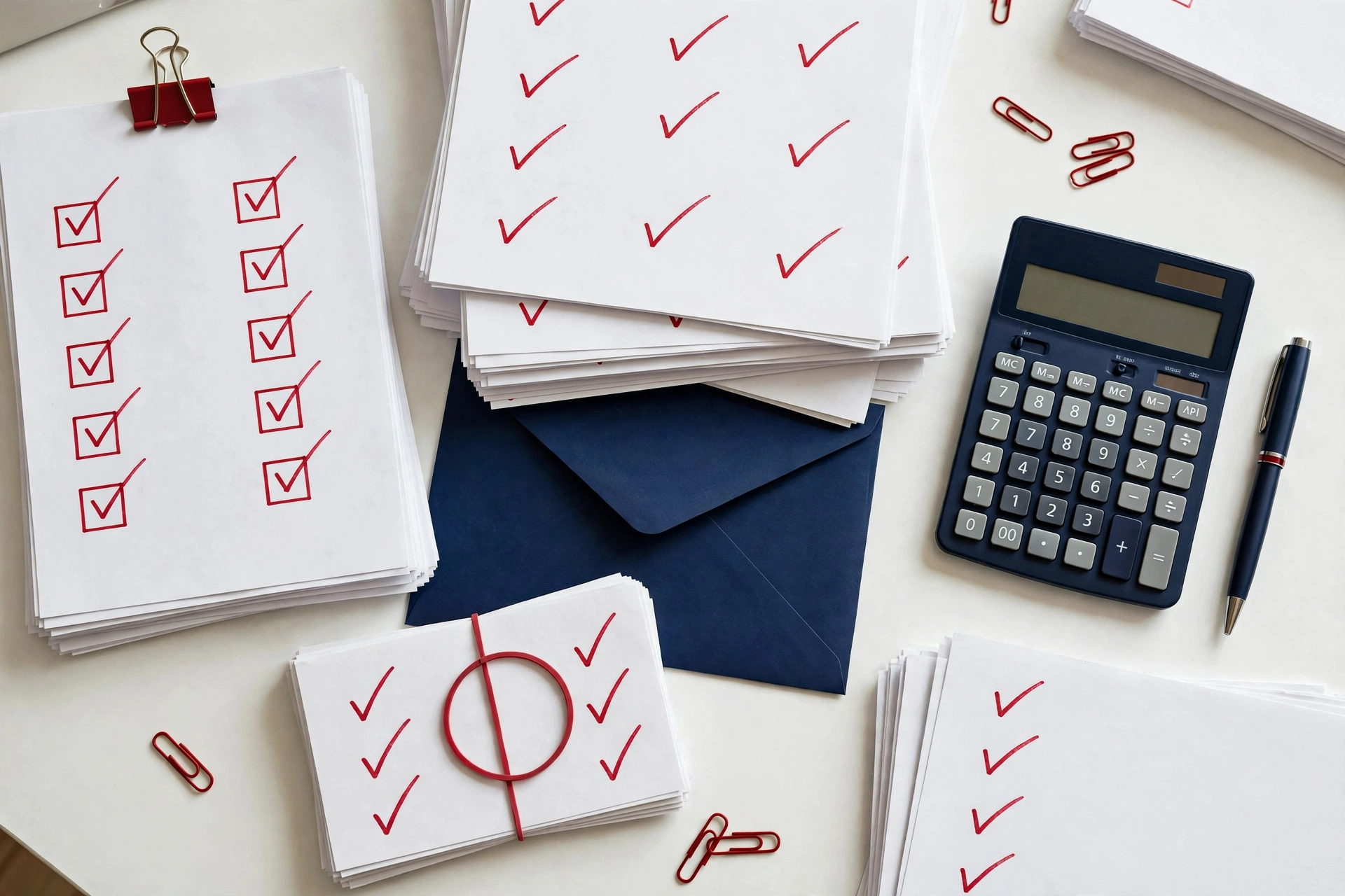 Red-ticked checklists, calculator and envelope for a tax return documents guide